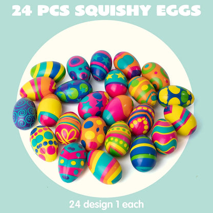 JOYIN 24 Pack Colorful Easter Squishy Eggs - Squeeze Stress Relief Fidget Toys for Kids, Easter Party Supplies