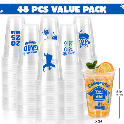 JOYIN 48 Pcs Blue Graduation Cups Party Decorations, 16 Oz Disposable Plastic Cups Class of 2025 with 24 Fun Designs, Grad Decor Party Supplies for College & High School Celebrations