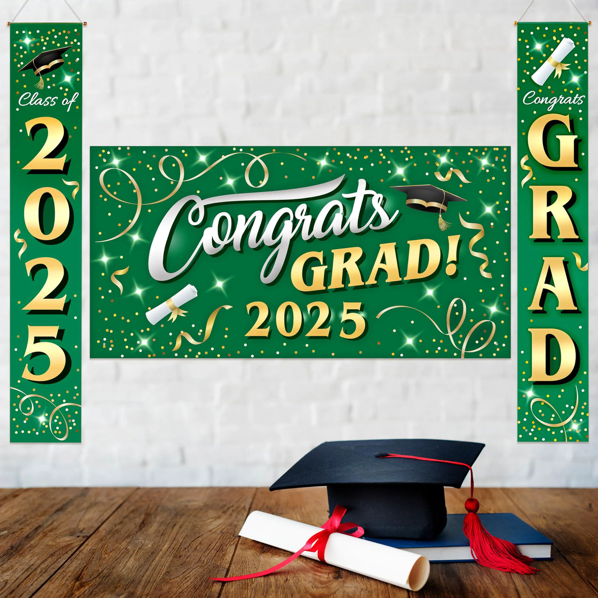 JOIN 3-Piece Graduation Decorations Class of 2025 - Green & Gold Satin Congrats Grad Banner Set for College Party Backdrop, Porch Hanging Supplies Indoor Outdoor