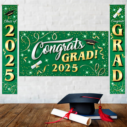 JOIN 3-Piece Graduation Decorations Class of 2025 - Green & Gold Satin Congrats Grad Banner Set for College Party Backdrop, Porch Hanging Supplies Indoor Outdoor