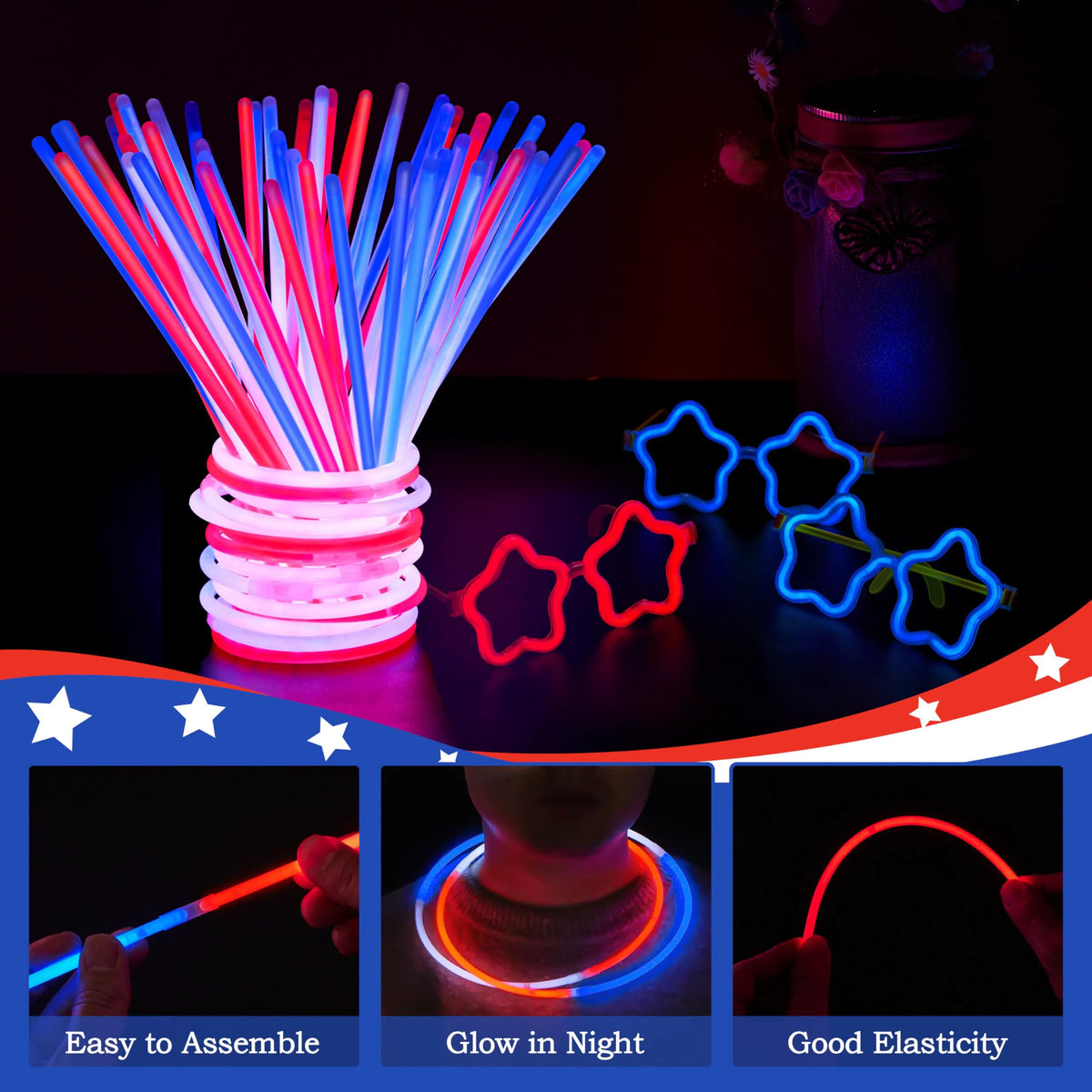 JOYIN 99 PCS Patriotic Glow Sticks, Bracelets, Necklaces & Glasses - Glow in The Dark Party Supplies for Independence Day - Blue, White, Red LED Accessories for Kids & Adults
