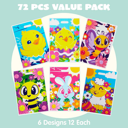 JOYIN 72 Pack Easter Plastic Gift Bags with Animal and Flower Designs - Easter Party Supplies for Kids
