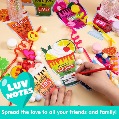 28 Reusable Drinking Straws with Kids Valentine's Cards for Valentine Party Favors