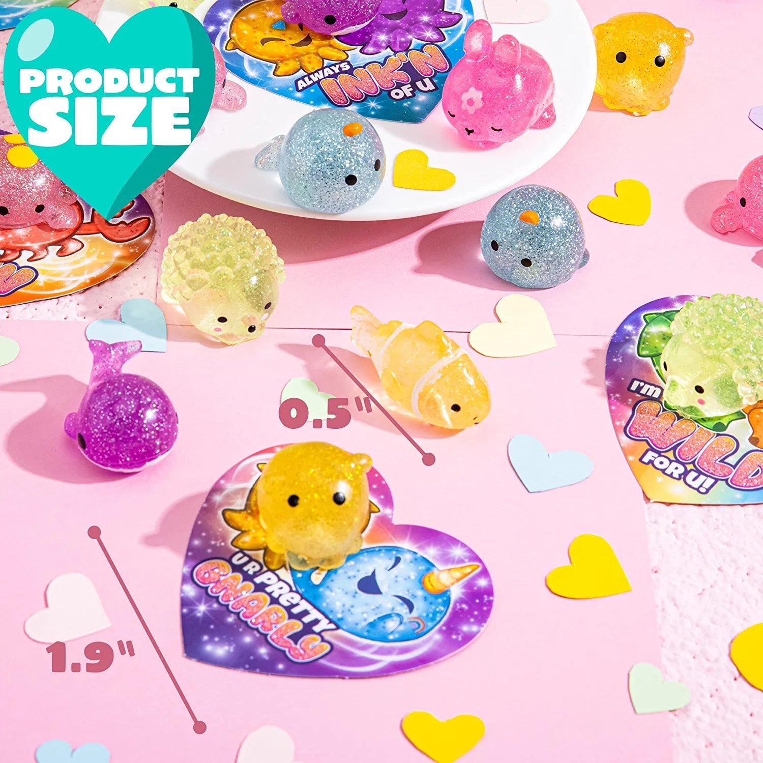 28 Glitter Mochi Squishy Toys with Valentine's Day Cards for Classroom Exchange