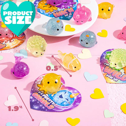 28 Glitter Mochi Squishy Toys with Valentine's Day Cards for Classroom Exchange
