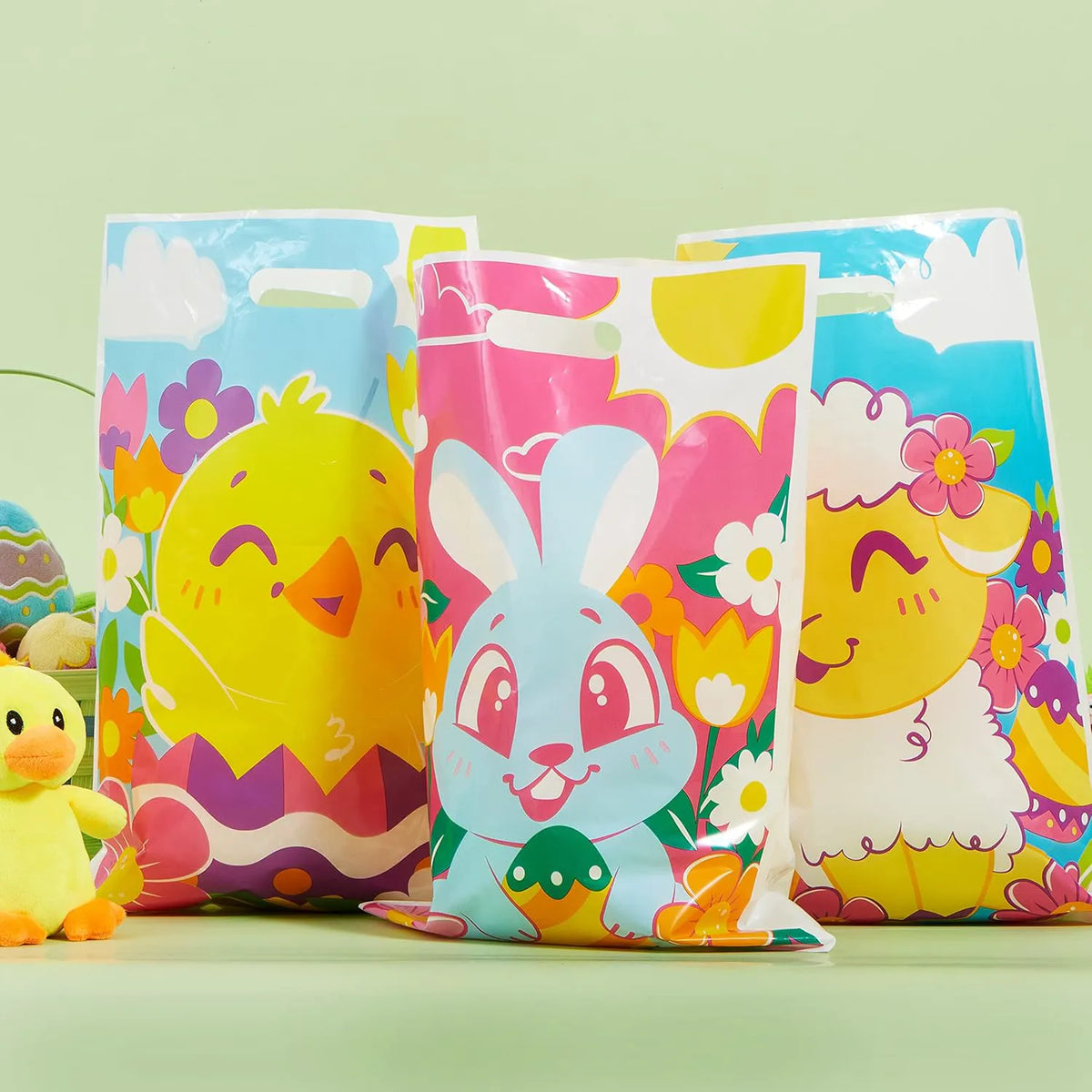 JOYIN 72 Pack Easter Plastic Gift Bags with Animal and Flower Designs - Easter Party Supplies for Kids