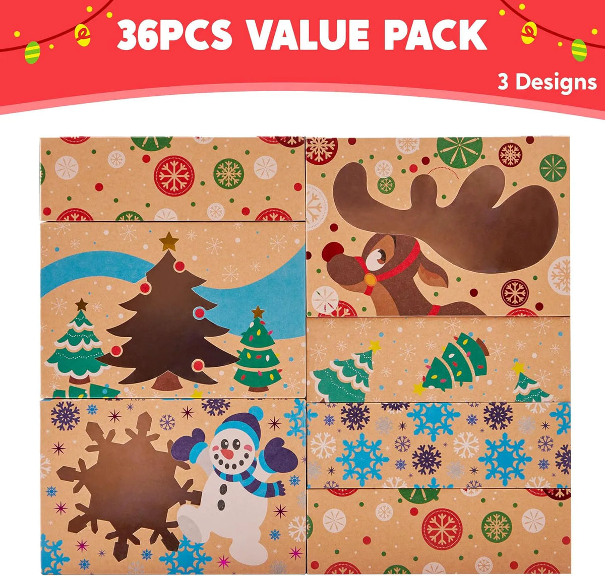 36 Foiled Kraft Christmas Cookie Boxes with Window, 8.5 x 5.75 x 2.75 Inches