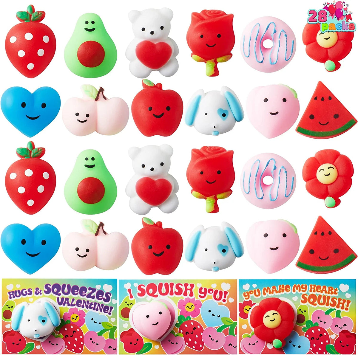 28-Pack Mochi Squishy Toys with Valentine's Day Cards for Classroom Exchange