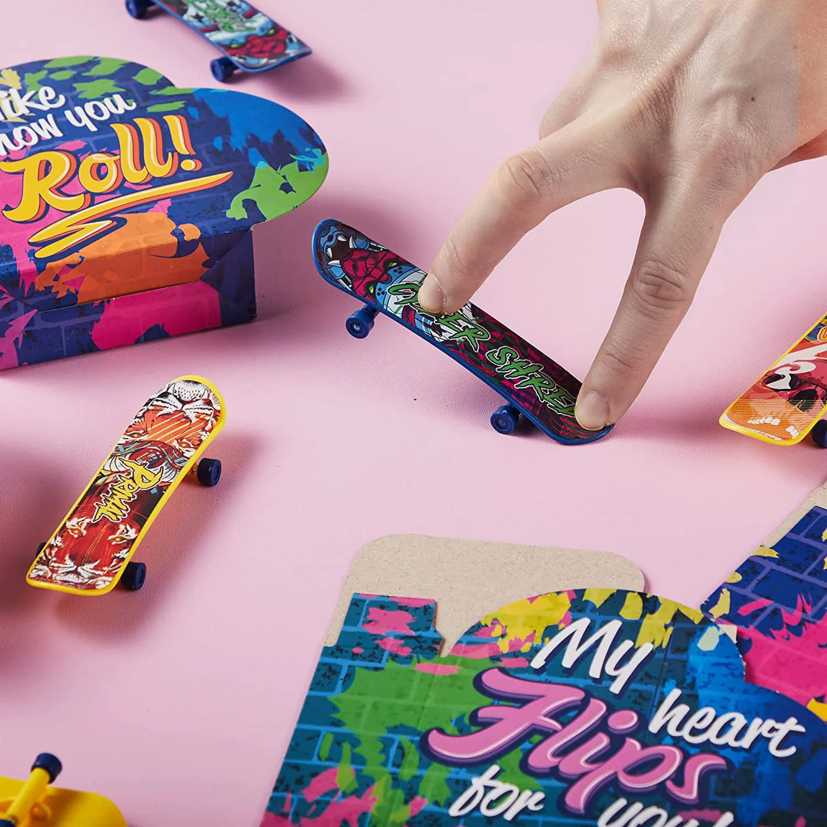 28 Mini Skateboards in Boxes with Valentine's Cards for Classroom Exchange