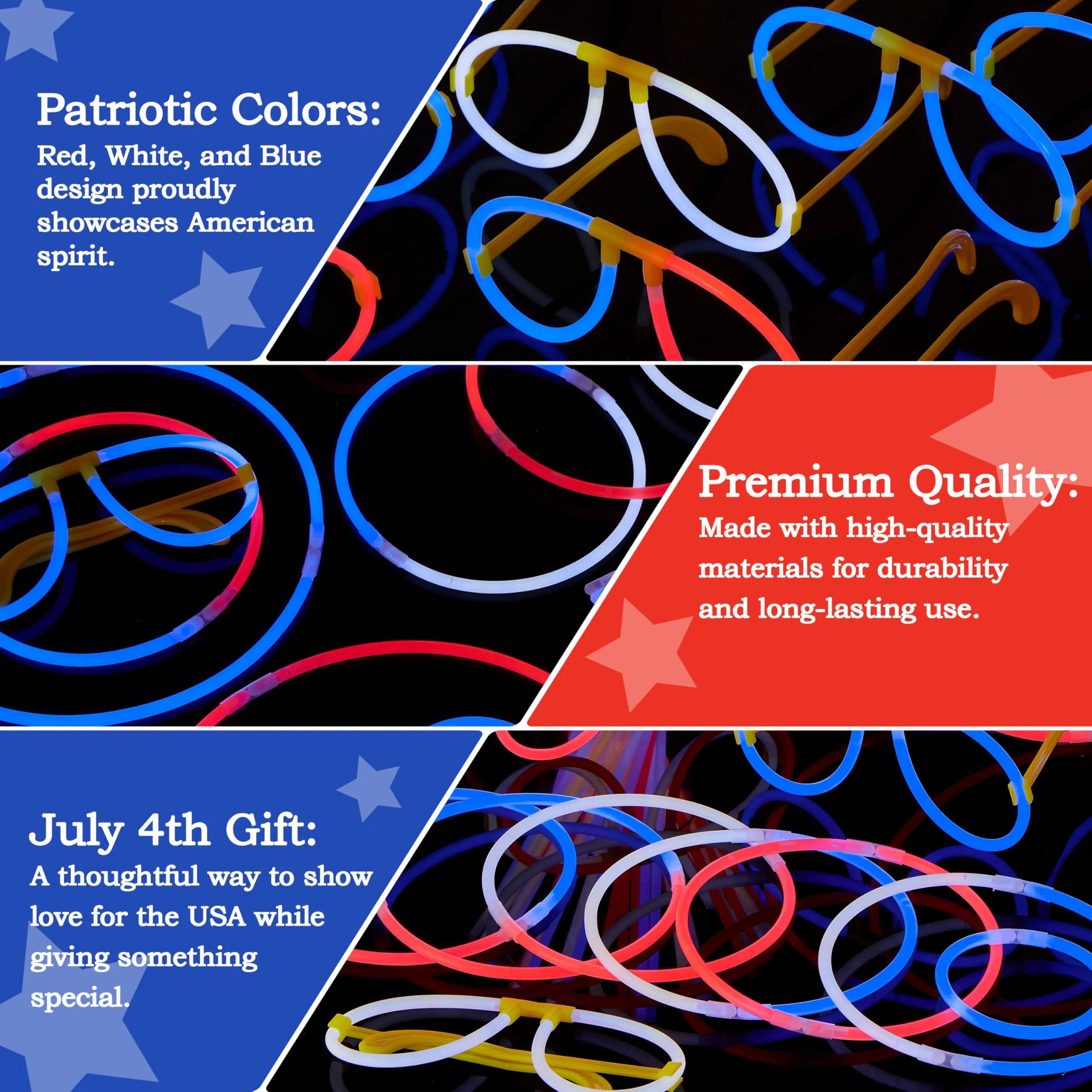 JOYIN 99 PCS Patriotic Glow Sticks, Bracelets, Necklaces & Glasses - Glow in The Dark Party Supplies for Independence Day - Blue, White, Red LED Accessories for Kids & Adults