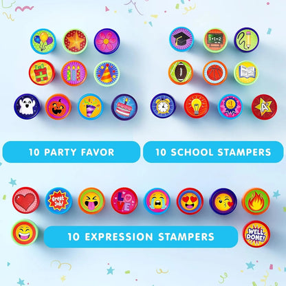 50-Piece Assorted Self-Ink Stamps for Kids with 50 Unique Designs