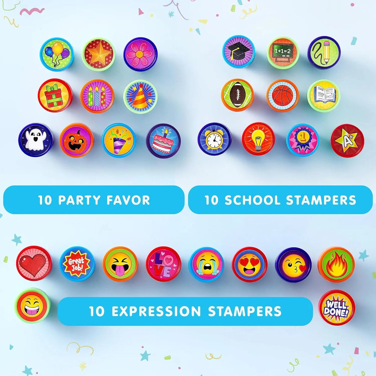 50-Piece Assorted Self-Ink Stamps for Kids with 50 Unique Designs