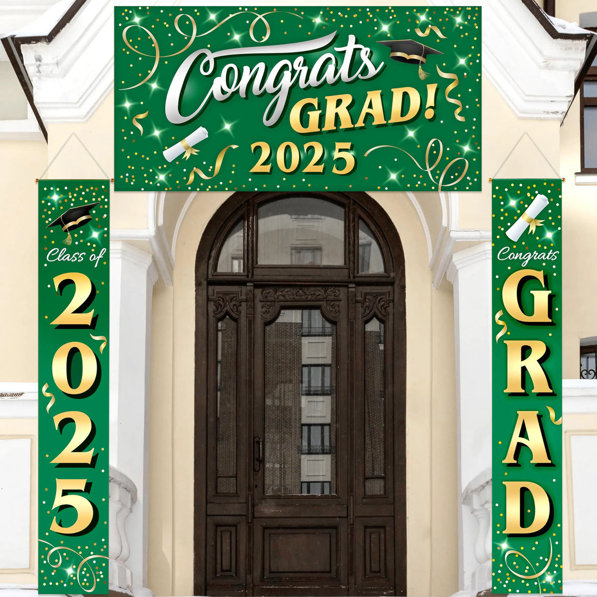 JOIN 3-Piece Graduation Decorations Class of 2025 - Green & Gold Satin Congrats Grad Banner Set for College Party Backdrop, Porch Hanging Supplies Indoor Outdoor