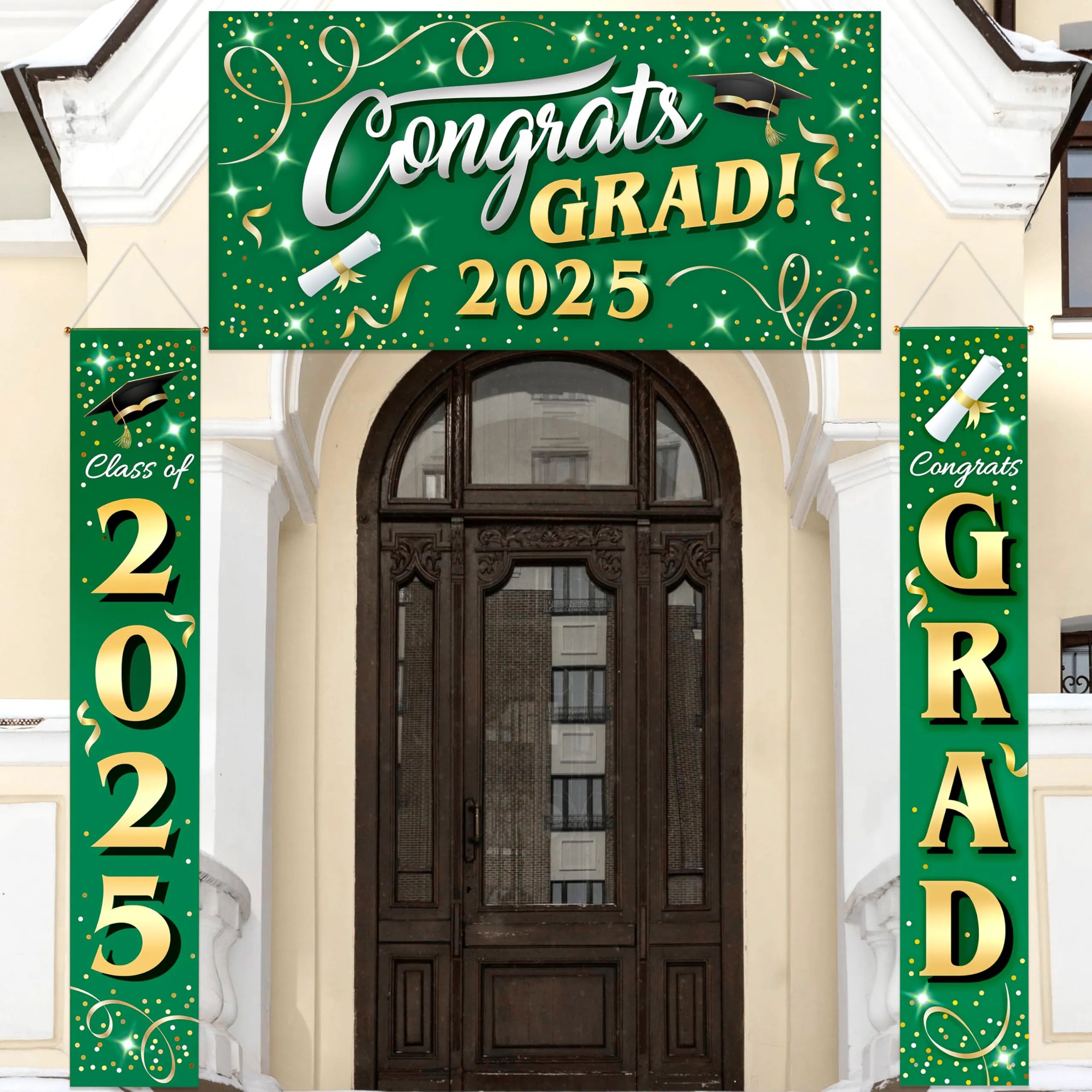 JOIN 3-Piece Graduation Decorations Class of 2025 - Green & Gold Satin Congrats Grad Banner Set for College Party Backdrop, Porch Hanging Supplies Indoor Outdoor