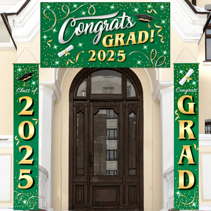 JOIN 3-Piece Graduation Decorations Class of 2025 - Green & Gold Satin Congrats Grad Banner Set for College Party Backdrop, Porch Hanging Supplies Indoor Outdoor