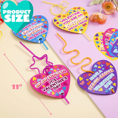 28-Pack Kids Valentine's Cards with Colorful Crazy Loop Reusable Drinking Straws - Classroom Exchange Gifts