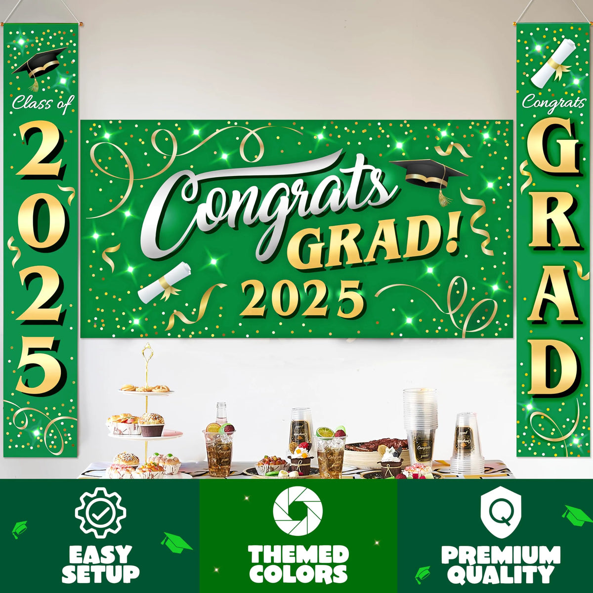 JOIN 3-Piece Graduation Decorations Class of 2025 - Green & Gold Satin Congrats Grad Banner Set for College Party Backdrop, Porch Hanging Supplies Indoor Outdoor