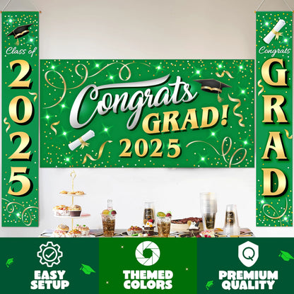 JOIN 3-Piece Graduation Decorations Class of 2025 - Green & Gold Satin Congrats Grad Banner Set for College Party Backdrop, Porch Hanging Supplies Indoor Outdoor
