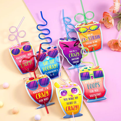 36 Drinking Straws with Kids Valentine's Cards for Valentine Party Favors