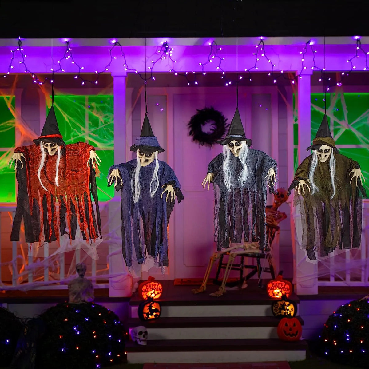 Set of 4 Hanging Witches in Purple, Orange, Green, and Grey