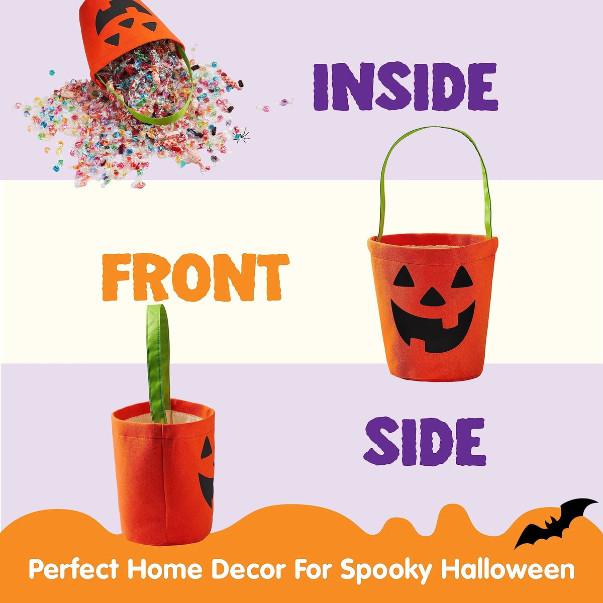 Halloween Bat & Pumpkin Candy Tote Bucket Set - Reusable Felt Trick-or-Treat Goody Bags