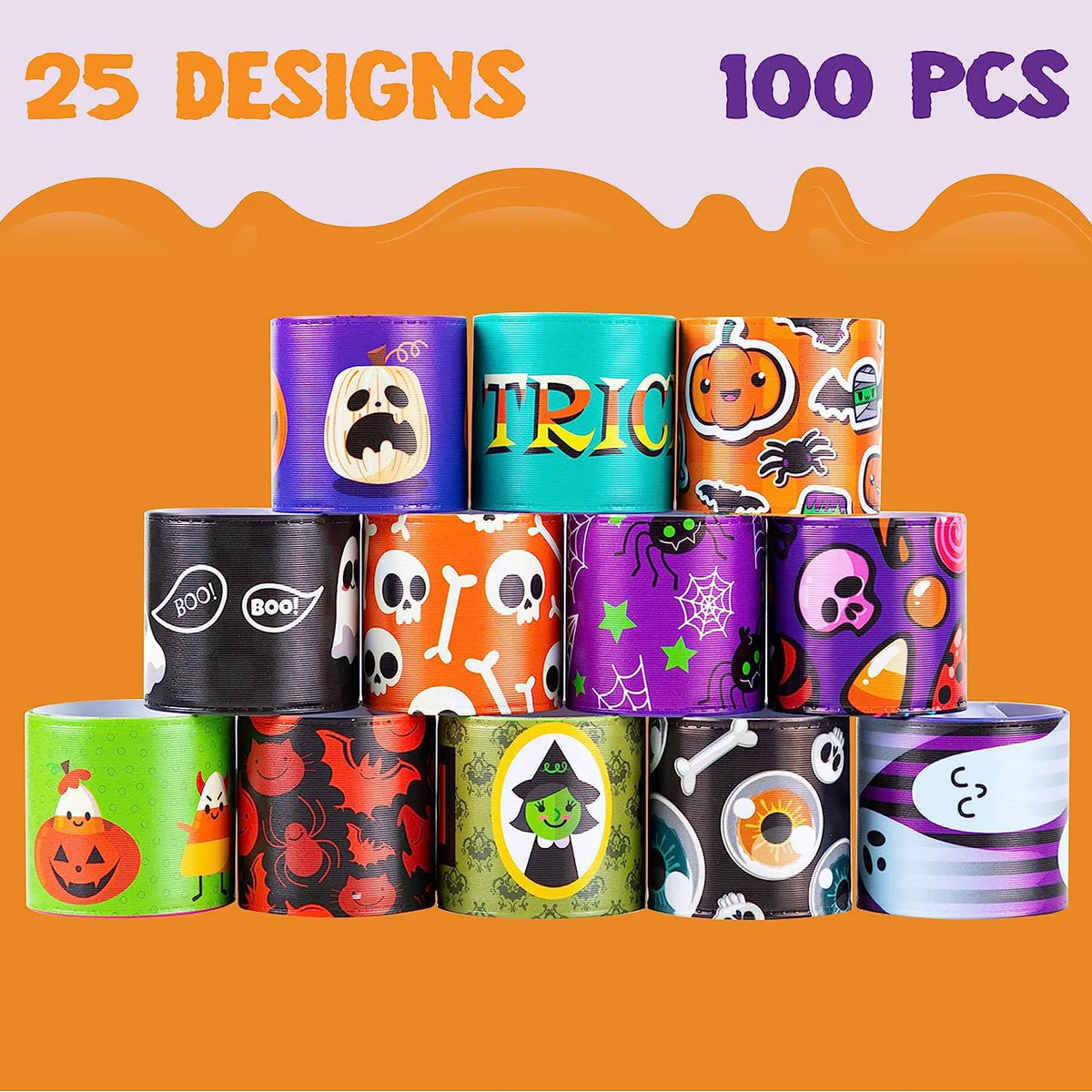 100-Pack Halloween Friendship Slap Bracelets for Kids