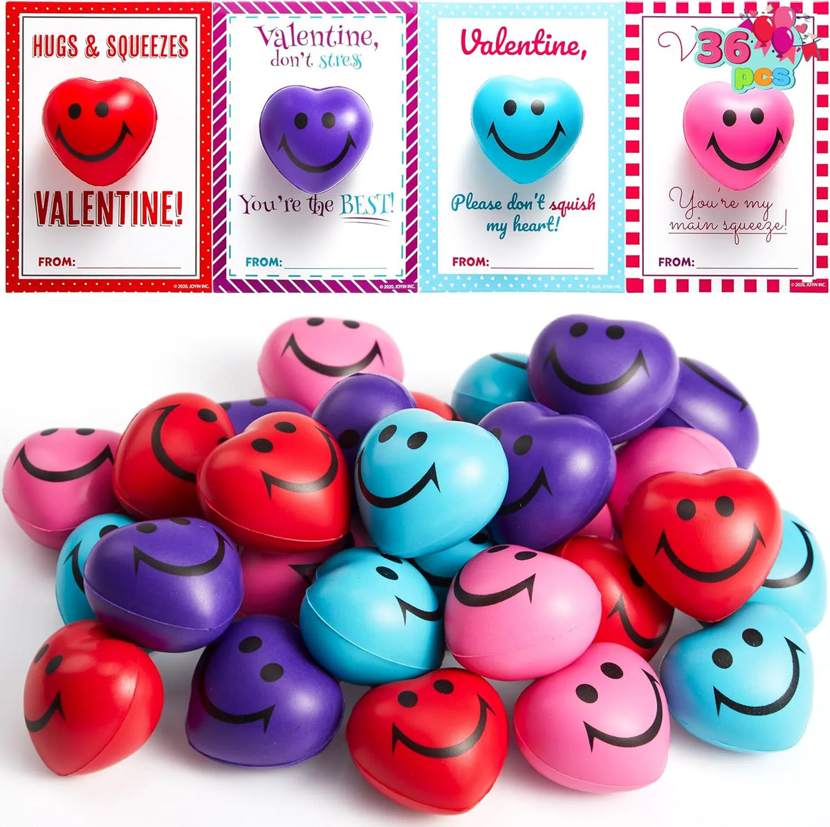 JOYIN 36-Pack Heart-Shaped Stress Balls with Cards, Stress Relief Fidget Toys for Valentine's Day Party Favors