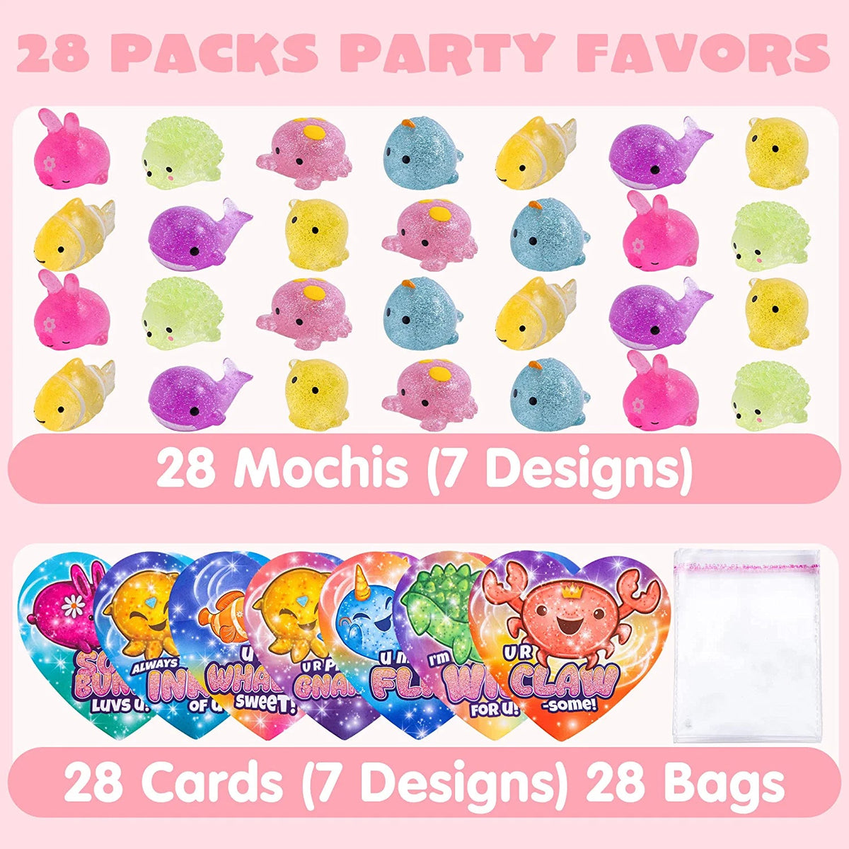 28 Glitter Mochi Squishy Toys with Valentine's Day Cards for Classroom Exchange