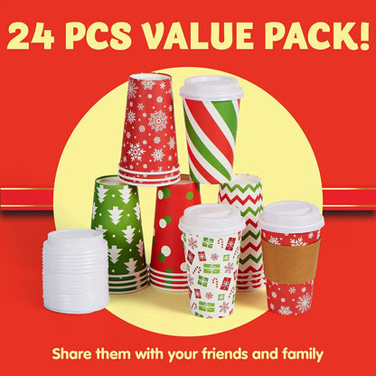 24 Pack 16 oz Christmas Paper Cups with Holiday Design
