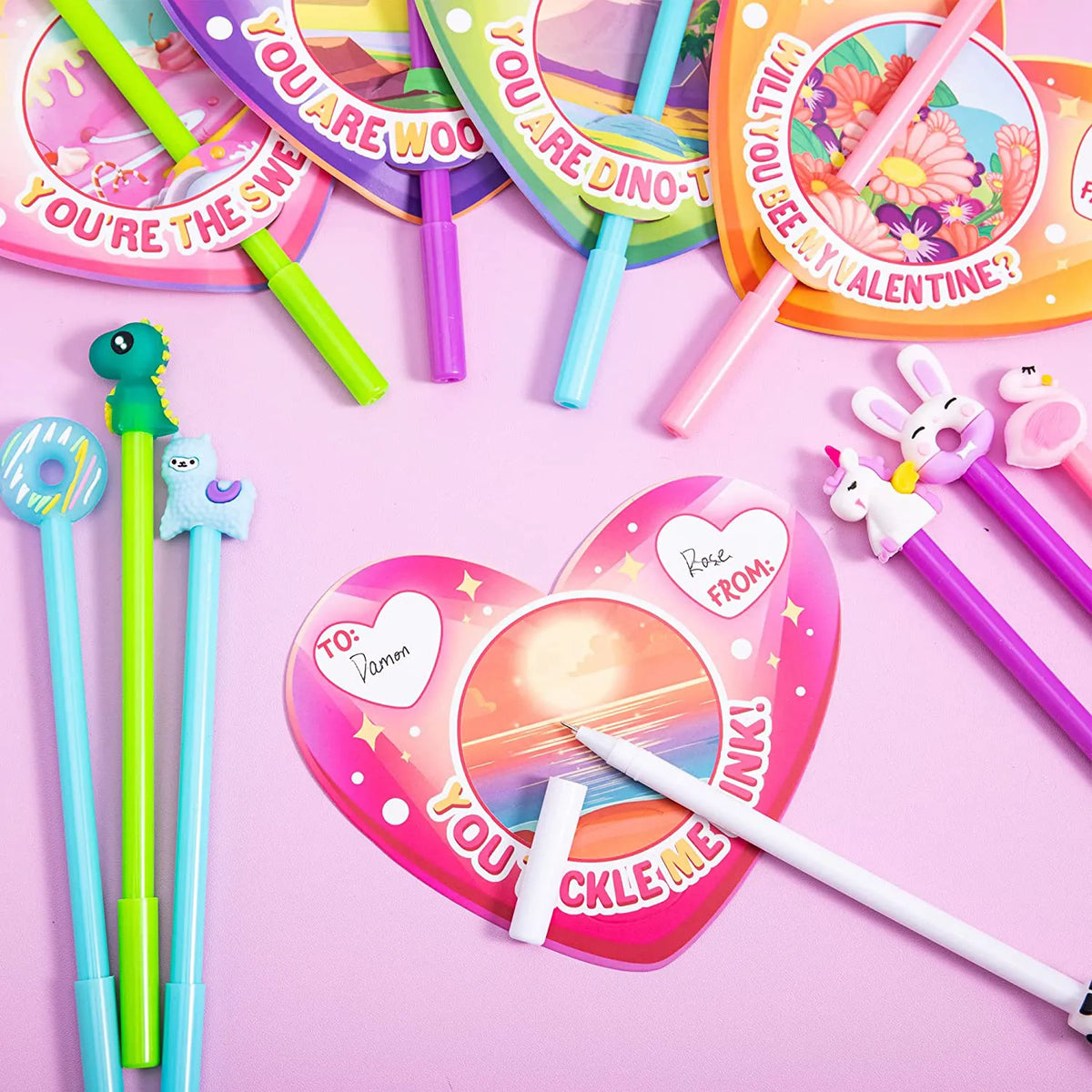 28-Pack Kids Valentine's Cards with Animal Pens - Classroom Exchange Gifts