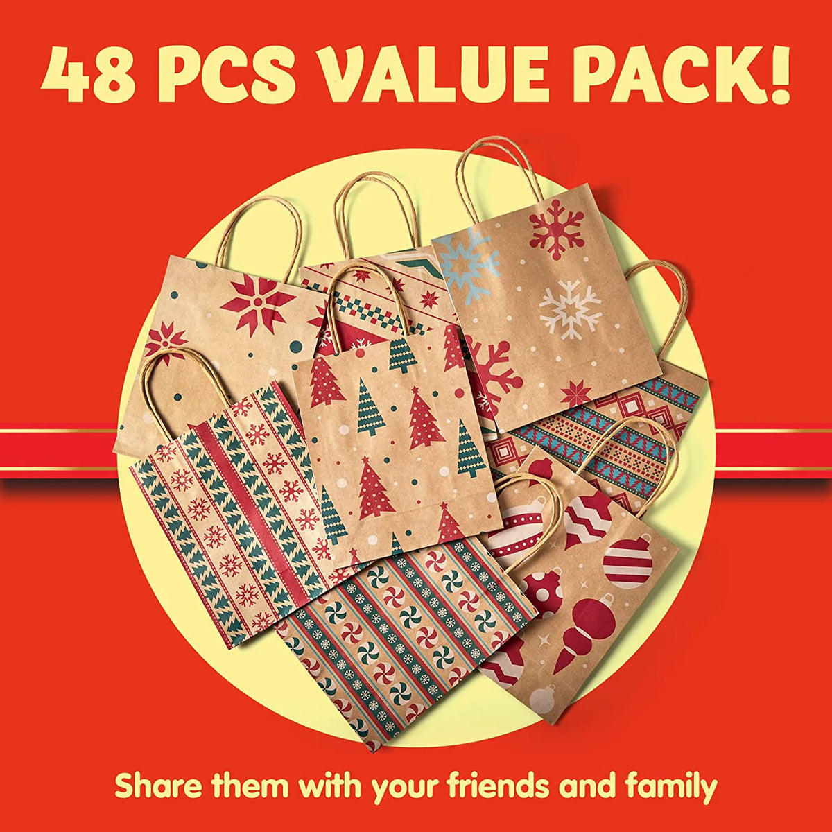 48 Christmas Kraft Gift Bags, 8 Designs