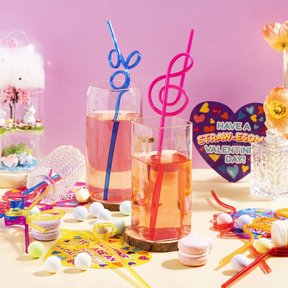 28-Pack Kids Valentine's Cards with Colorful Crazy Loop Reusable Drinking Straws - Classroom Exchange Gifts