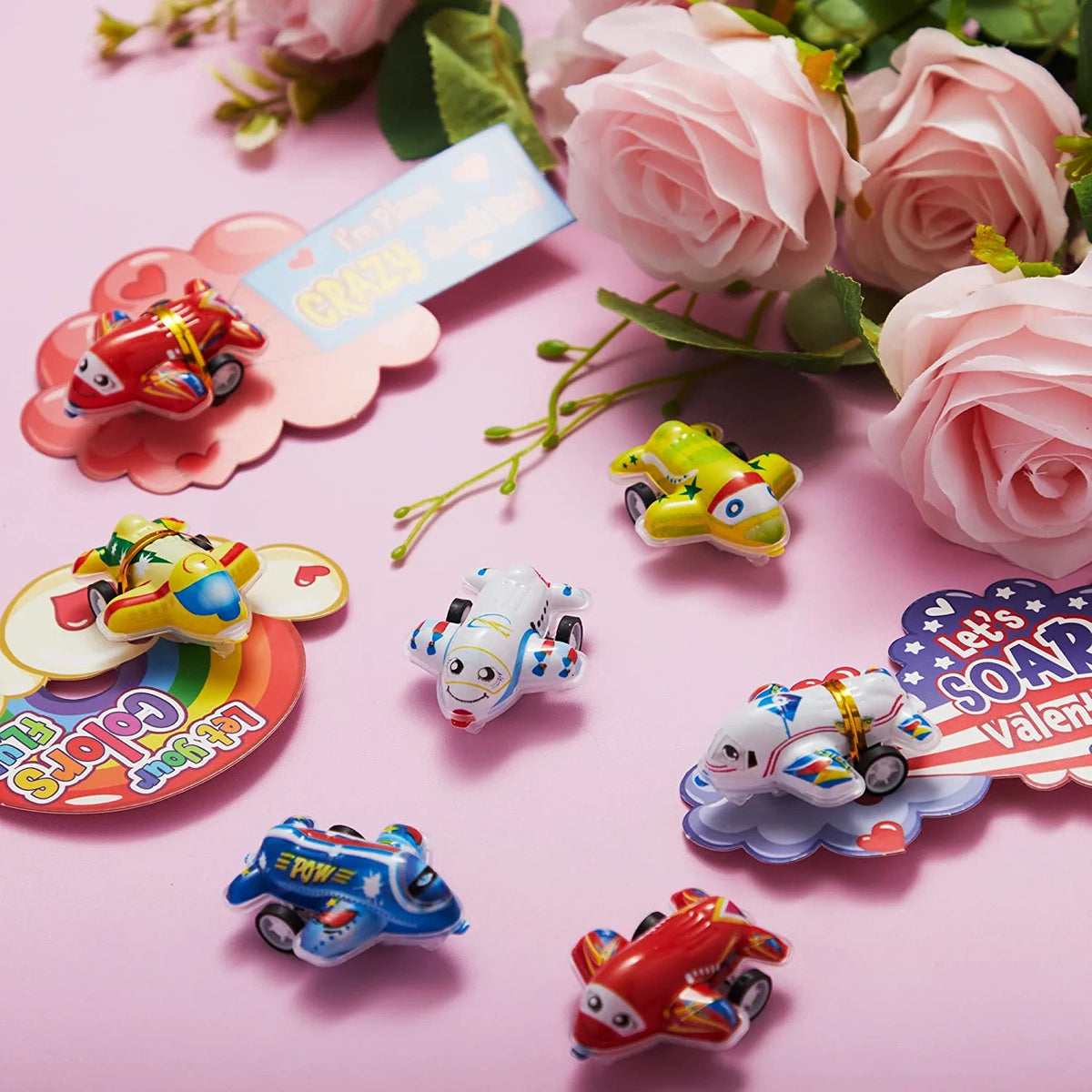 28 Pcs Kids Valentine's Cards with Pull Back Airplanes - Classroom Exchange Gifts