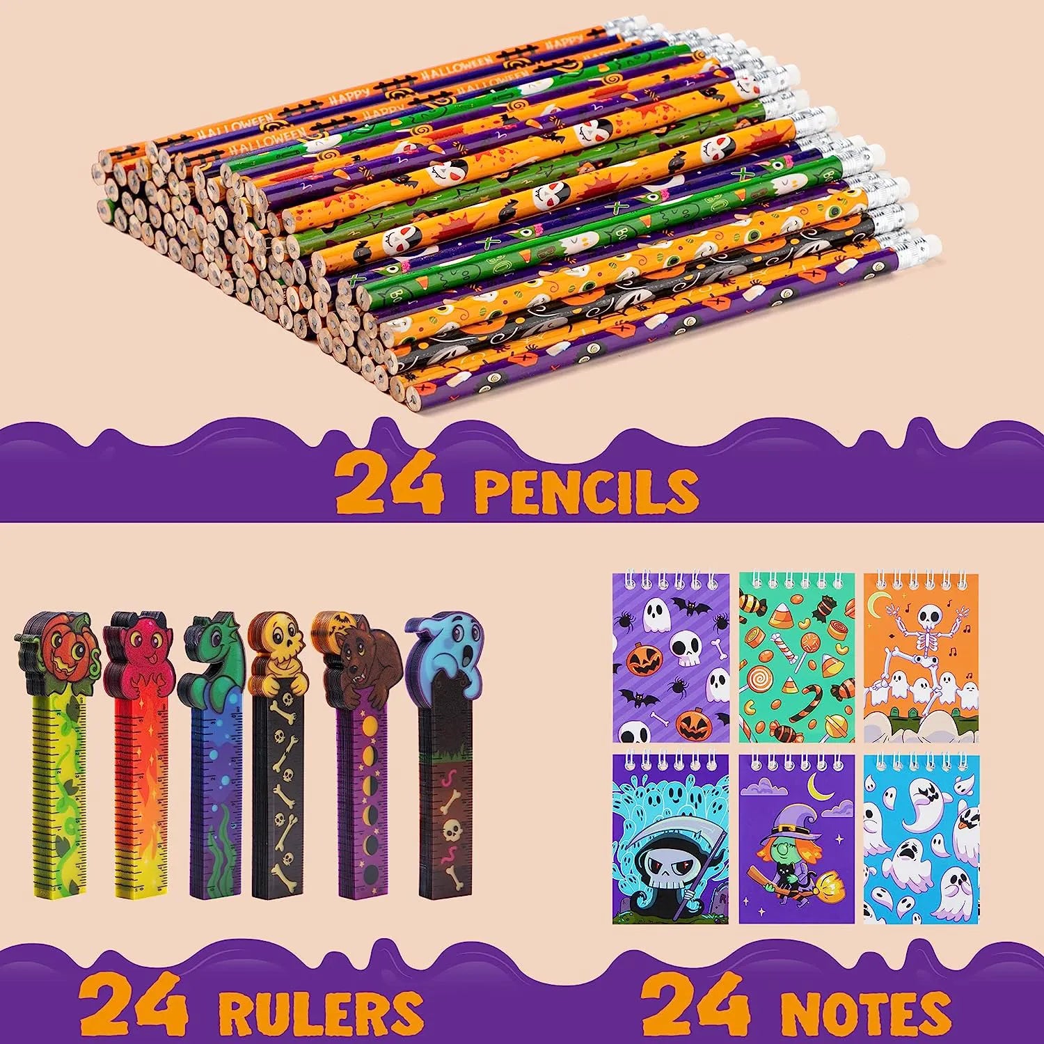 Halloween Pencil, Ruler & Notepad Set (24-Pack)