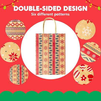 24 Pack Christmas Kraft Gift Bags with Durable Handles and Sturdy Bottoms