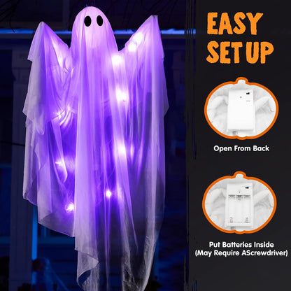 35.5-Inch Halloween Hanging Ghost with Purple LED Light