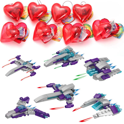 24 Prefilled Hearts with Spaceship Building Blocks and Valentine's Day Cards for Kids - Classroom Exchange Gifts