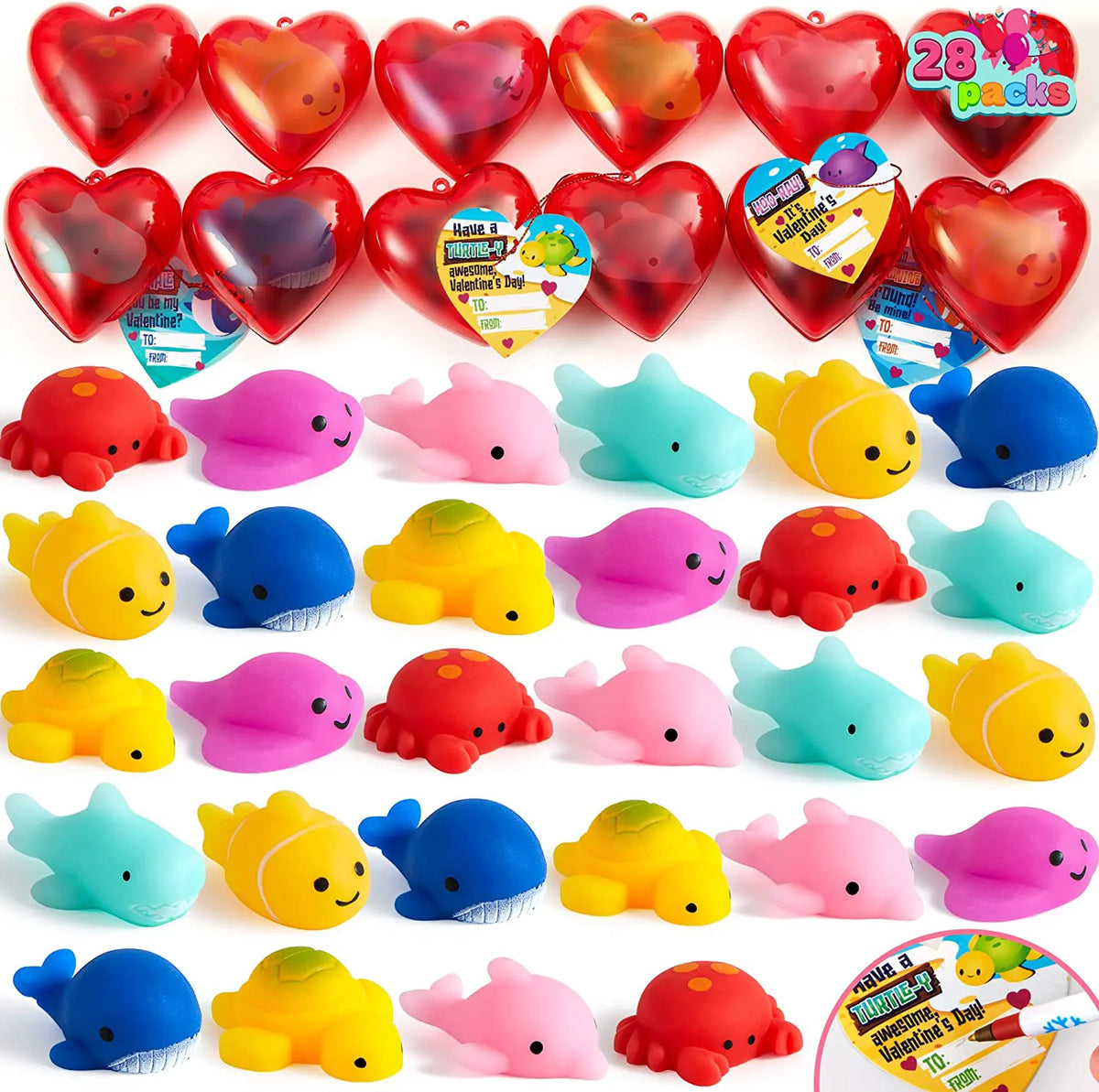 28-Pack Mochi Squishies with Valentine's Day Cards for Kids Classroom Exchange Gifts