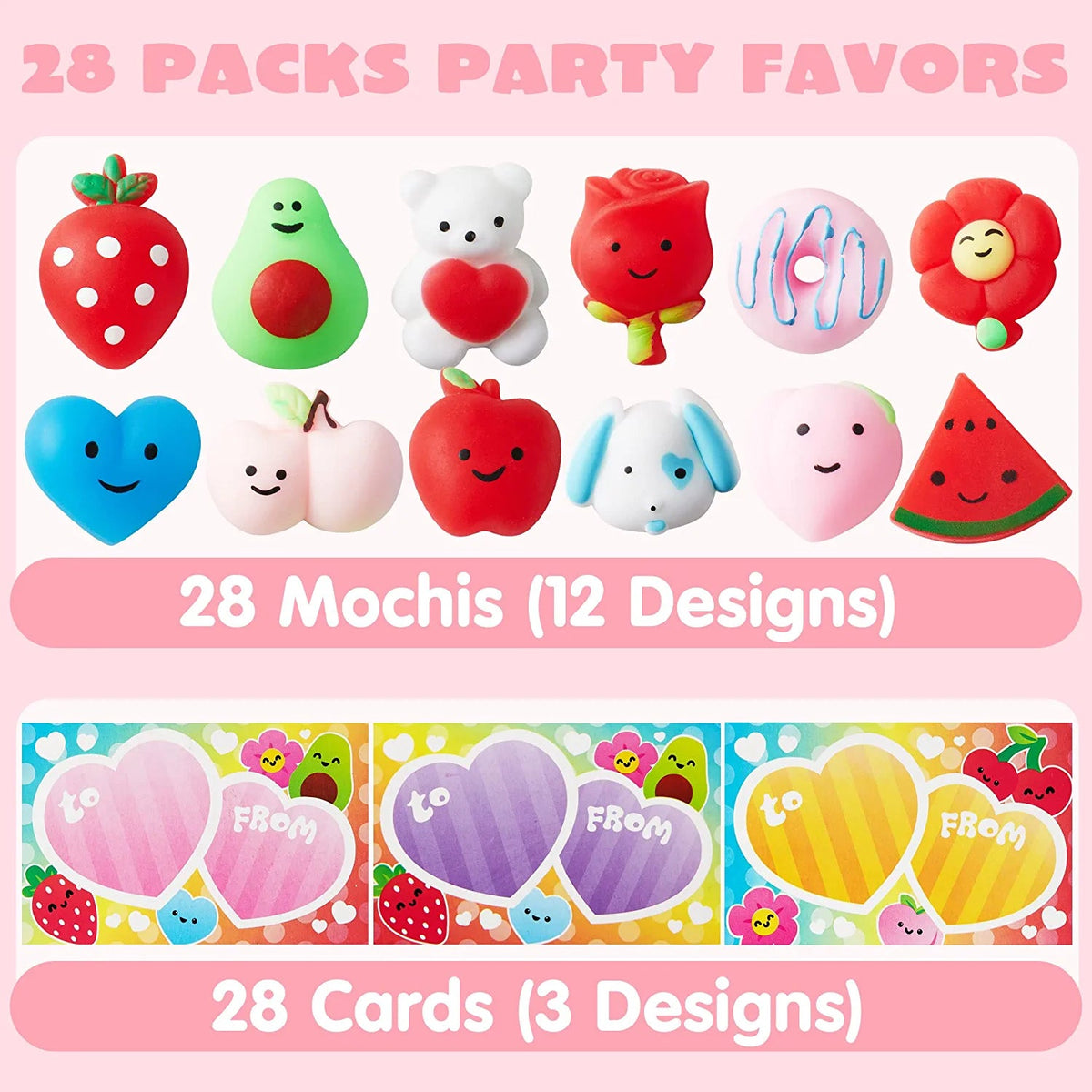 28-Pack Mochi Squishy Toys with Valentine's Day Cards for Classroom Exchange