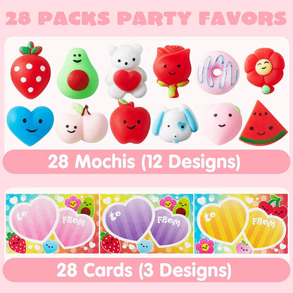 28-Pack Mochi Squishy Toys with Valentine's Day Cards for Classroom Exchange