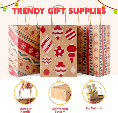24 Pack Christmas Kraft Gift Bags with Durable Handles and Sturdy Bottoms