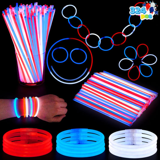 JOYIN 324 Pcs 4th of July Glow Sticks with Connectors - 8" Red White Blue Glow in the Dark Bracelets Necklaces for Kids Adults, Patriotic Light Up Toys for Independence Day Party Favor Accessory Supply