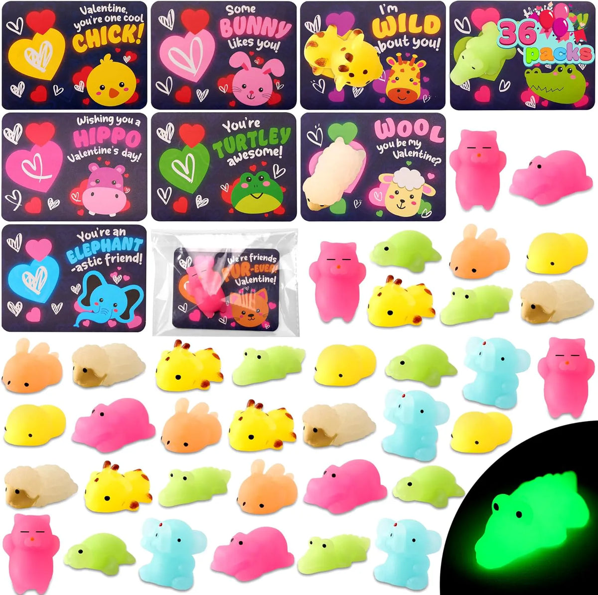 JOYIN 36-Pack Valentine's Day Gift Cards with Glow-in-the-Dark Mochi Squishy Toys (9 Designs)
