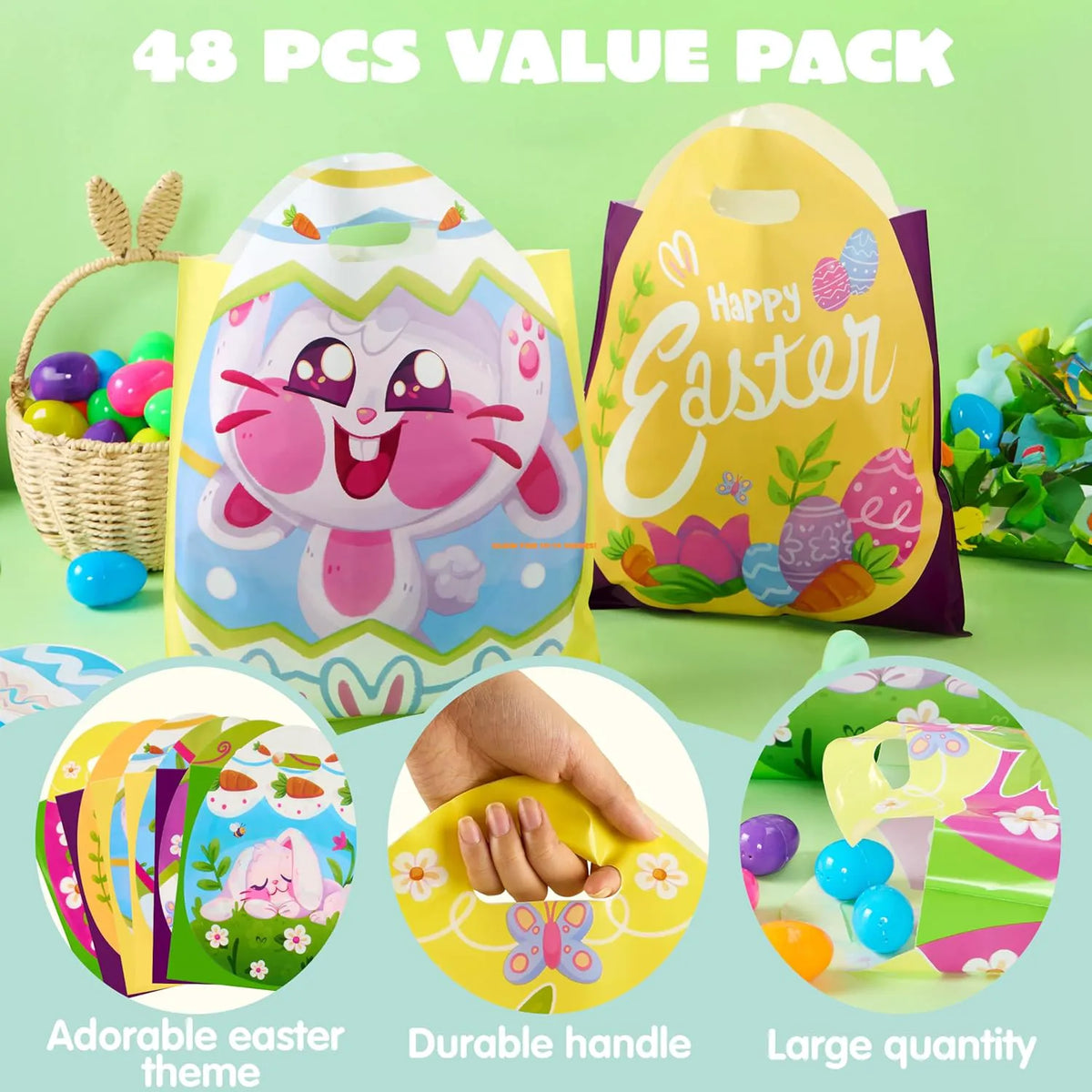 JOYIN 48 Pack Easter Drawstring PE Bags - Bunny & Chick Easter Treat Bags for Kids Party Supplies