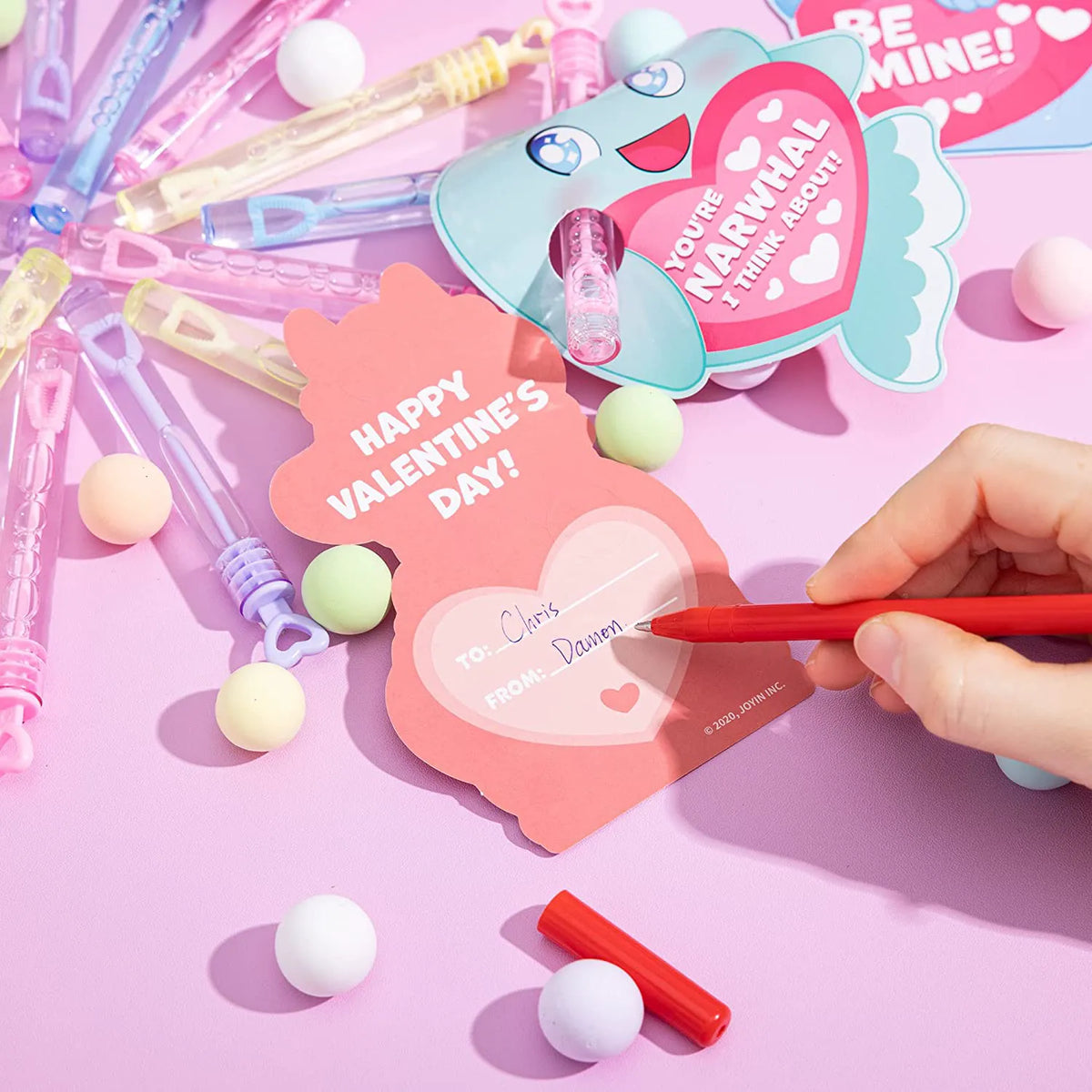 36-Pack Valentine's Day Cards for Kids with Mini Bubble Wands - Classroom Exchange Gifts