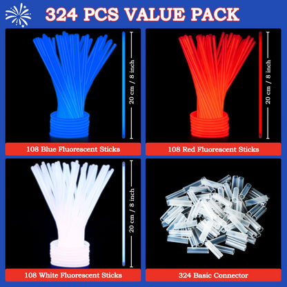 JOYIN 324 Pcs 4th of July Glow Sticks with Connectors - 8" Red White Blue Glow in the Dark Bracelets Necklaces for Kids Adults, Patriotic Light Up Toys for Independence Day Party Favor Accessory Supply