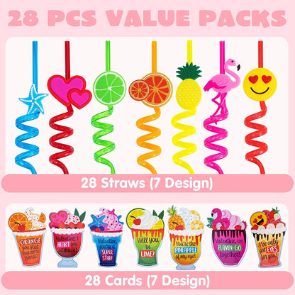 28 Reusable Drinking Straws with Kids Valentine's Cards for Valentine Party Favors