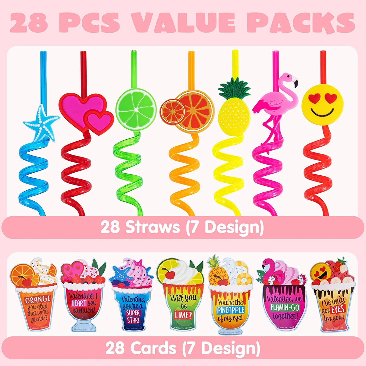 28 Reusable Drinking Straws with Kids Valentine's Cards for Valentine Party Favors