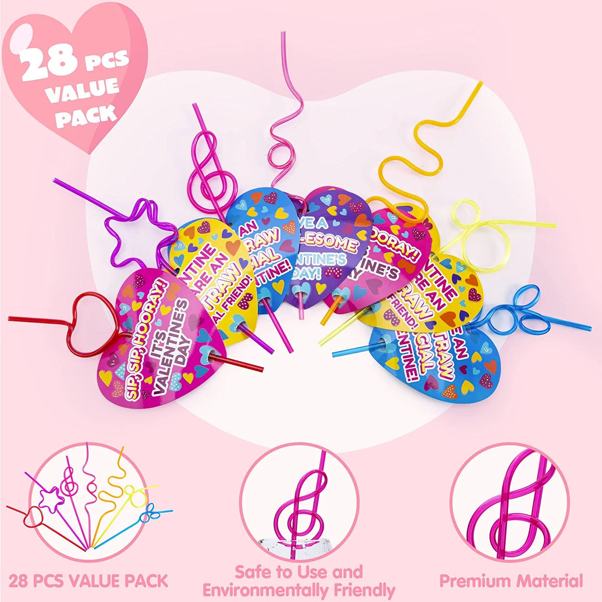 28-Pack Kids Valentine's Cards with Colorful Crazy Loop Reusable Drinking Straws - Classroom Exchange Gifts
