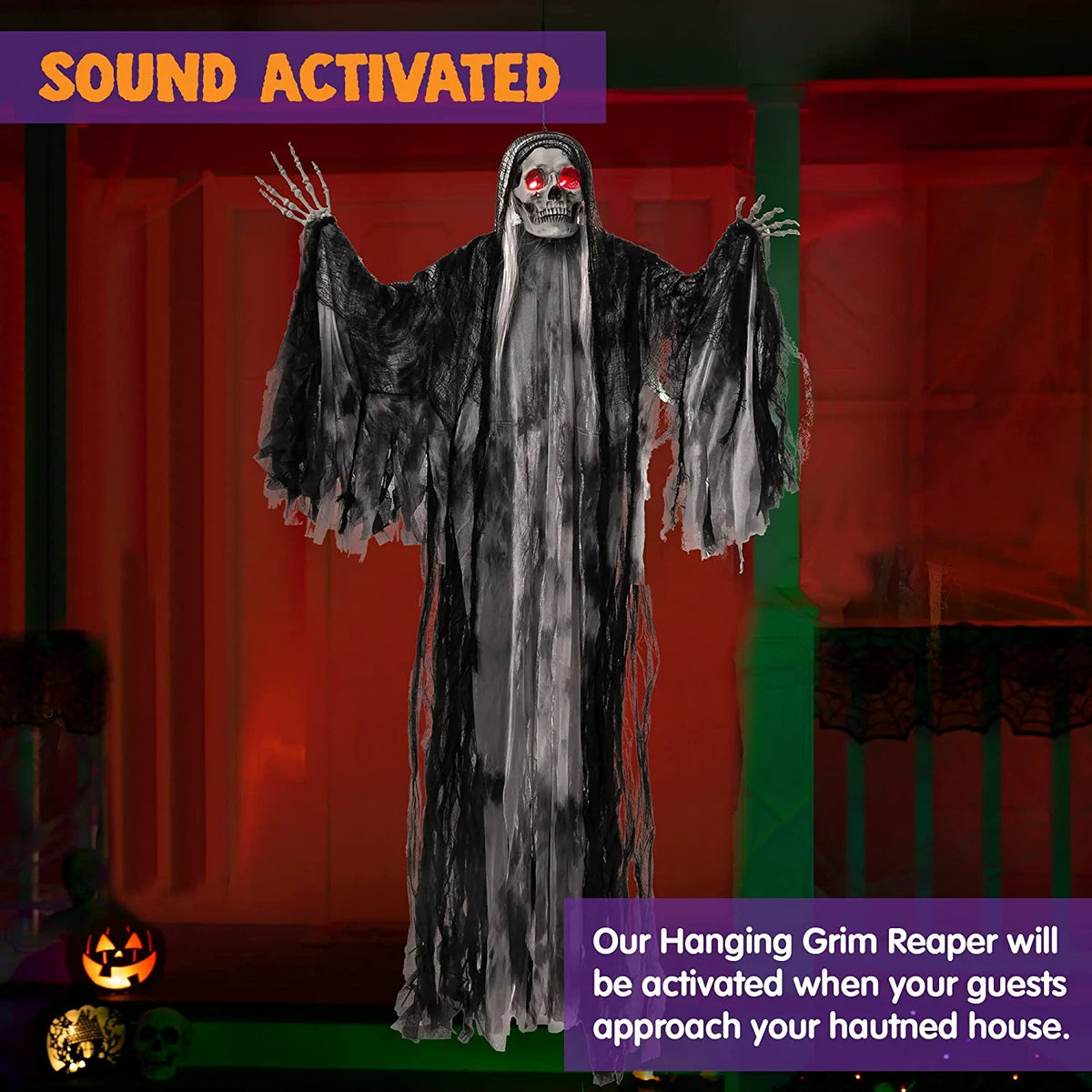 59-Inch Hanging Grim Reaper with Glowing Eyes and Creepy Sound